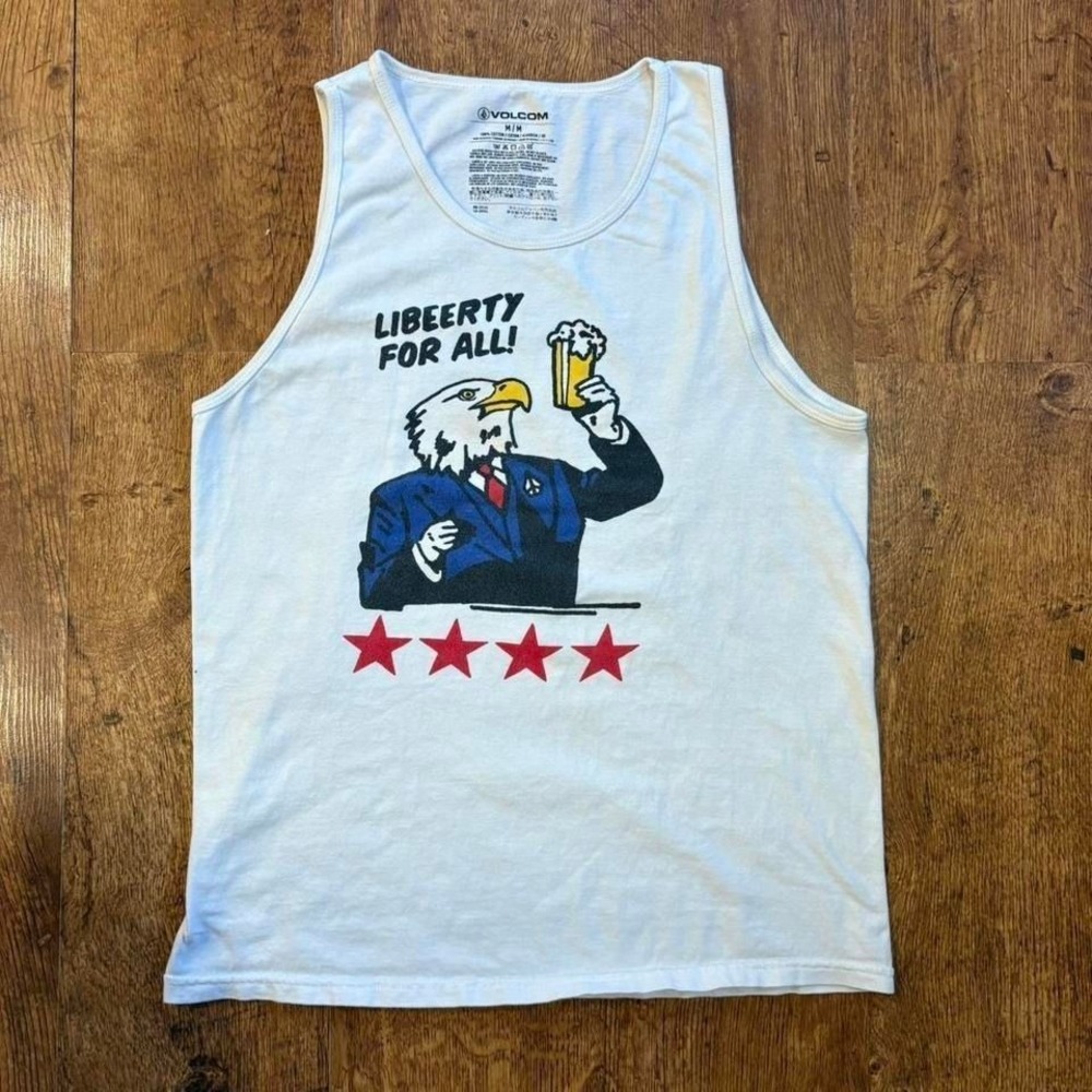 Volcom white cotton tank top w/ eagle holding a beer saying Liberty‎ for all